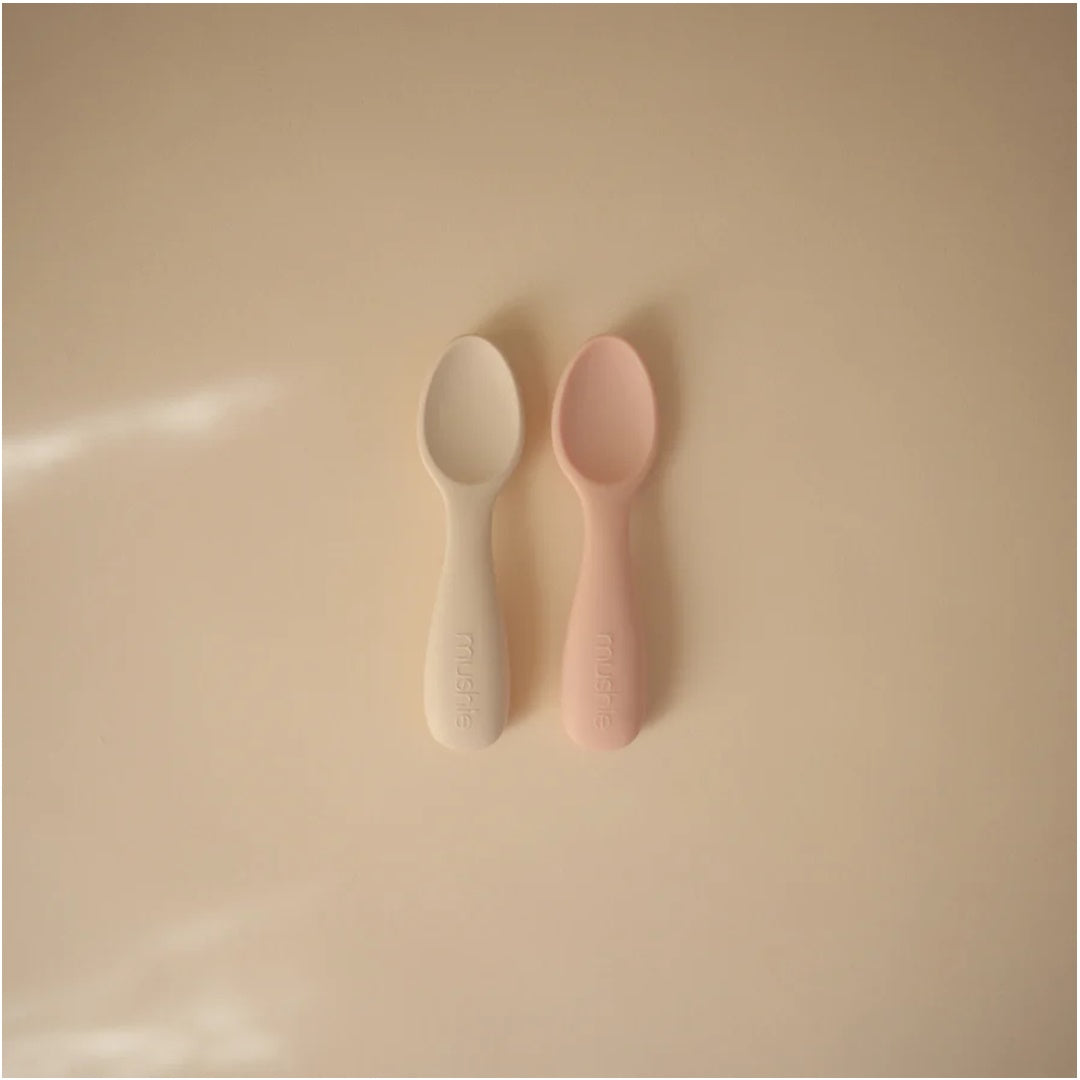 Mushie Silicone Toddler Starter Spoons 2-Pack  Blush/Shifting Sand